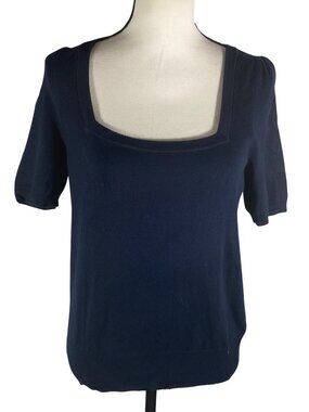 Boden Navy Short-Sleeve Square Neck Sweater Top M stretch slight puff shoulder